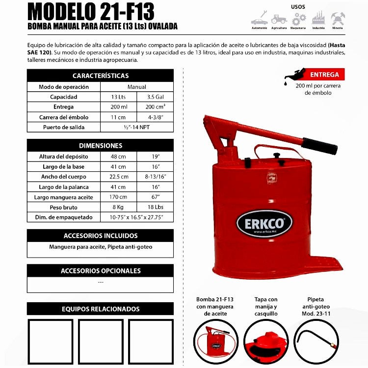 Bomba para Aceite 13Lts Compacta ERKCO