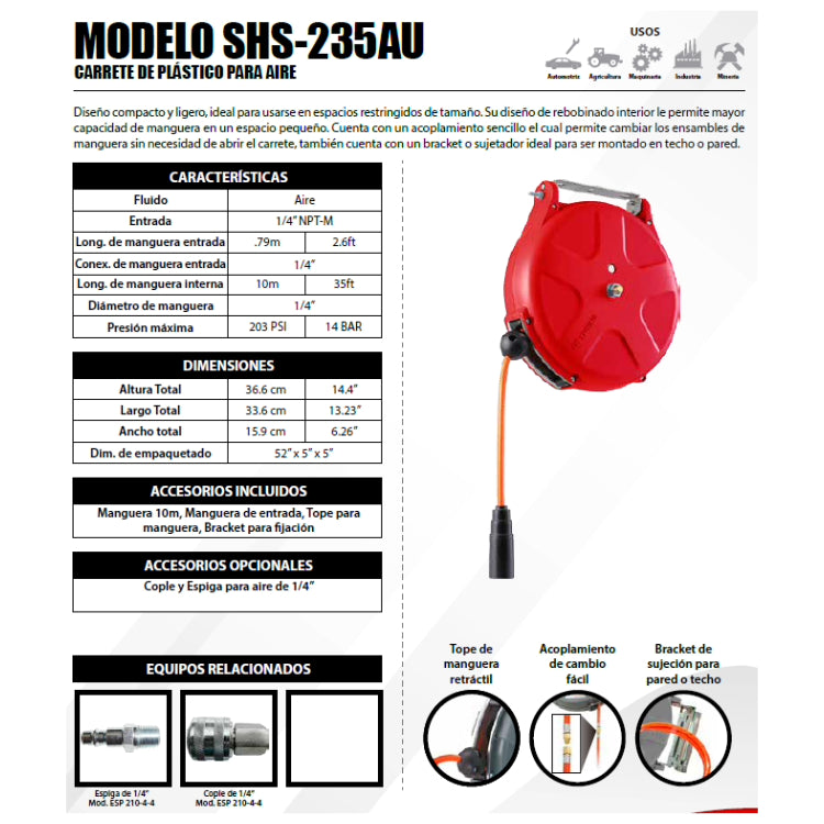 Carrete Retractil para Manguera de Aire 200PSI con 10mts de Manguera 1/4" ERKCO