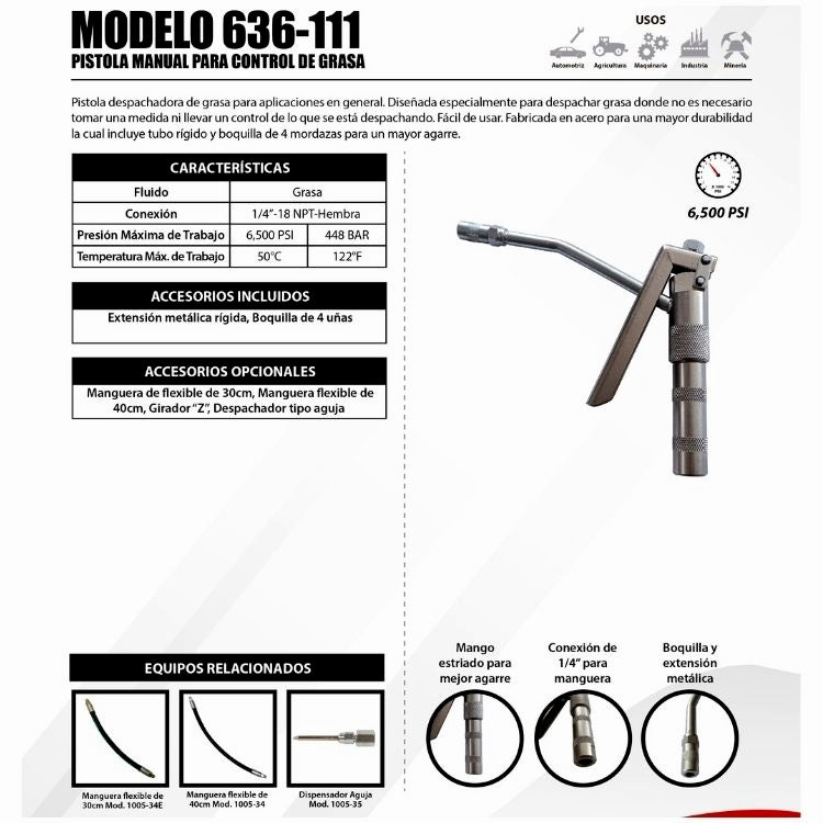 Pistola para Grasa Neumatica con Tubo y Boquilla ERKCO